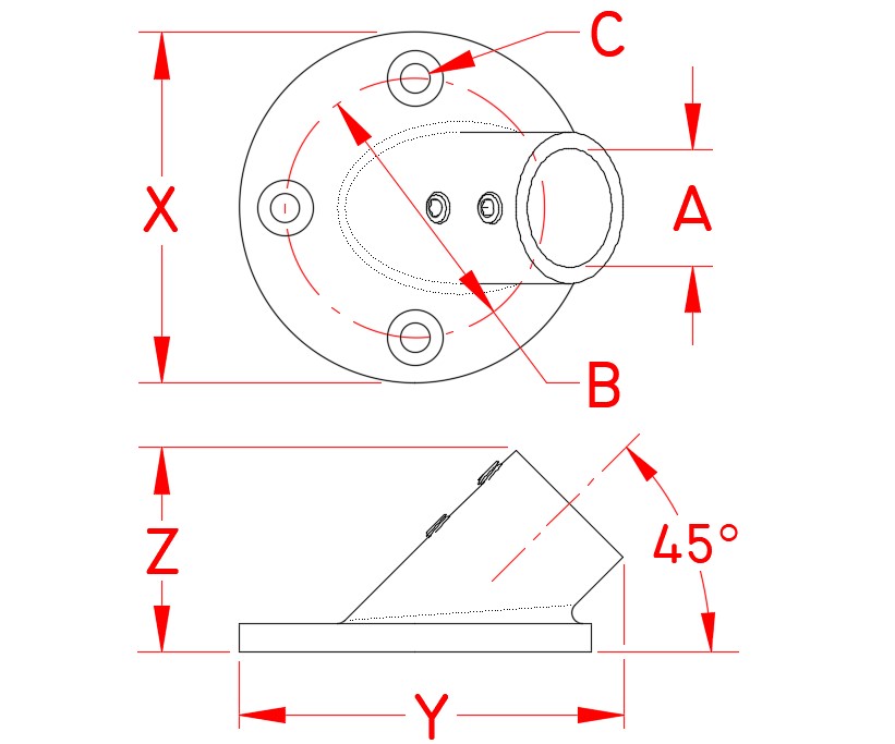 Stainless Steel Round Rail Base - 45 Degree Angle, Railing and Bimini, S3650-0450, S3650-0451, Line Drawing